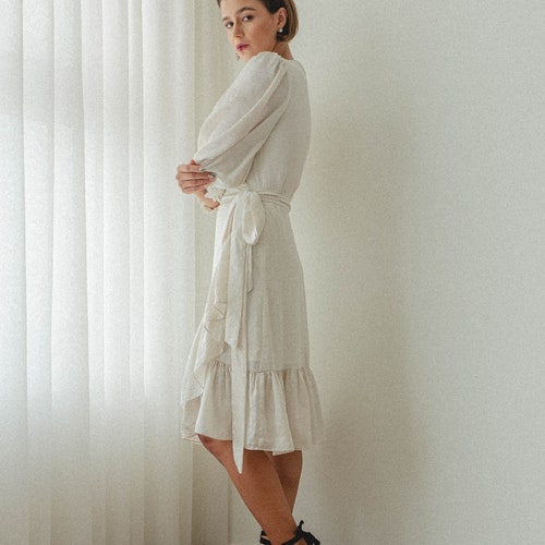 ruffle wrap dress long sleeve Estella Ruffle Wrap Dress/Tea Length Satin Dress/Puff Long Sleeves Wrap Dress/ Ivory Wrap Dress