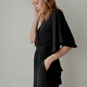 Ziggy Black Long Jumpsuit / Long Wide-legs Jumpsuit / Flutter Sleeves Silk Jumpsuit image 6