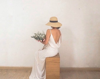 Britney White Silk Wedding Slip Dress: Backless Cowl Neck Gown