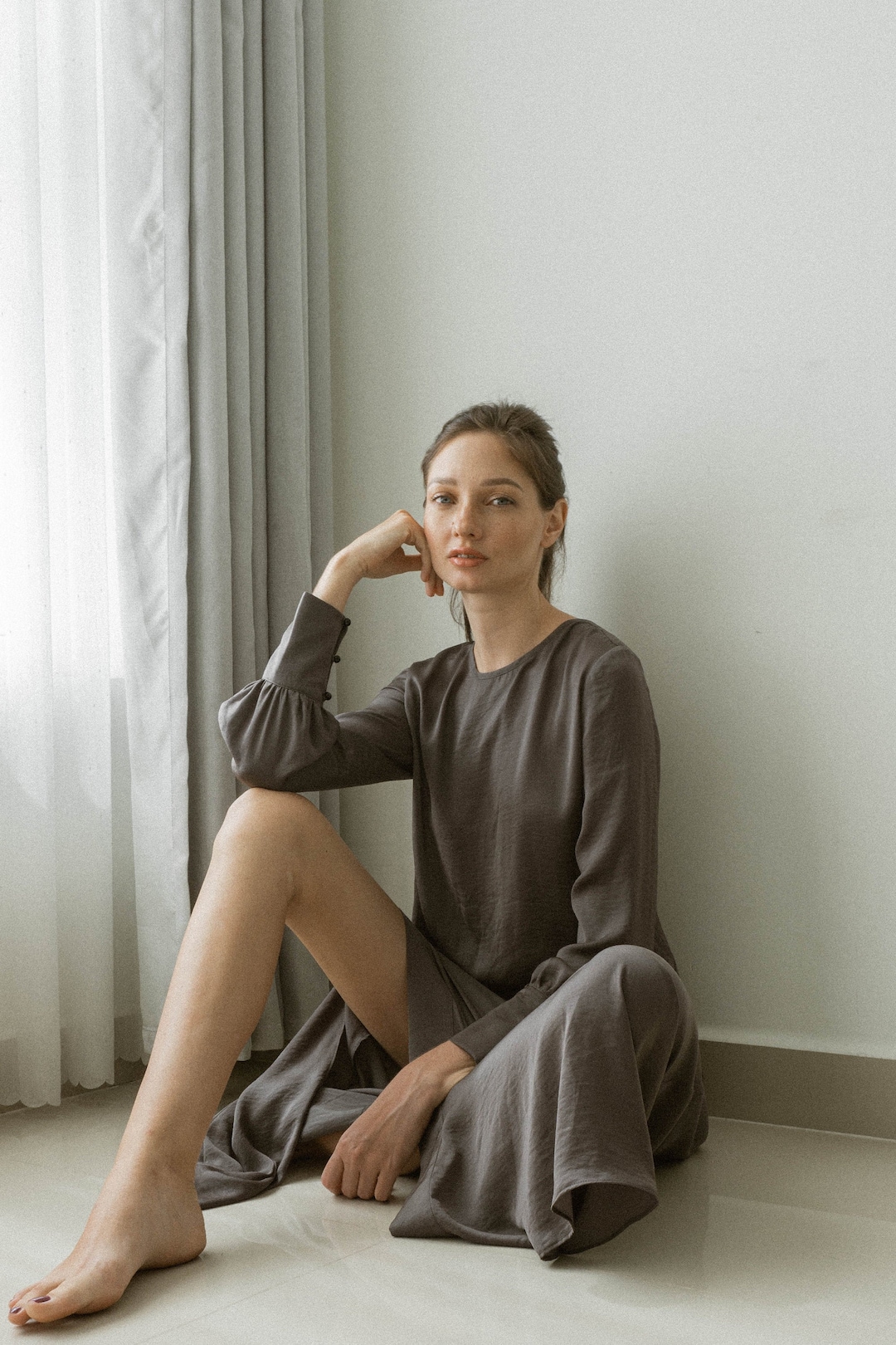 Dionne Grey Maxi Dress / Long Sleeves Silk Maxi / Minimalist - Etsy