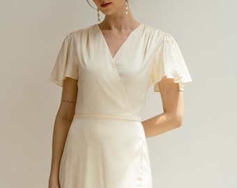 Claudia Deep V neck Satin Midi Dress/ High Low Tea Length Wrap Dress