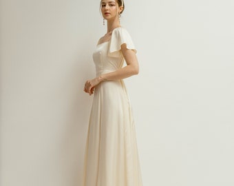 Hebe Floor Length Dress / Flutter Short Sleeves Square neck Dress / Simple Satin Wedding Dress