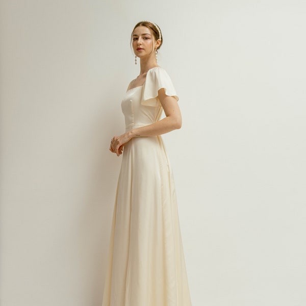 Hebe Floor Length Dress / Flutter Short Sleeves Square neck Dress / Simple Satin Wedding Dress