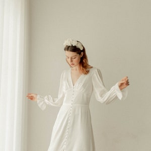 Caroline Cream White Long Sleeves Dress / Floor length Satin Dress / Button detail Simple Wedding Dress image 5