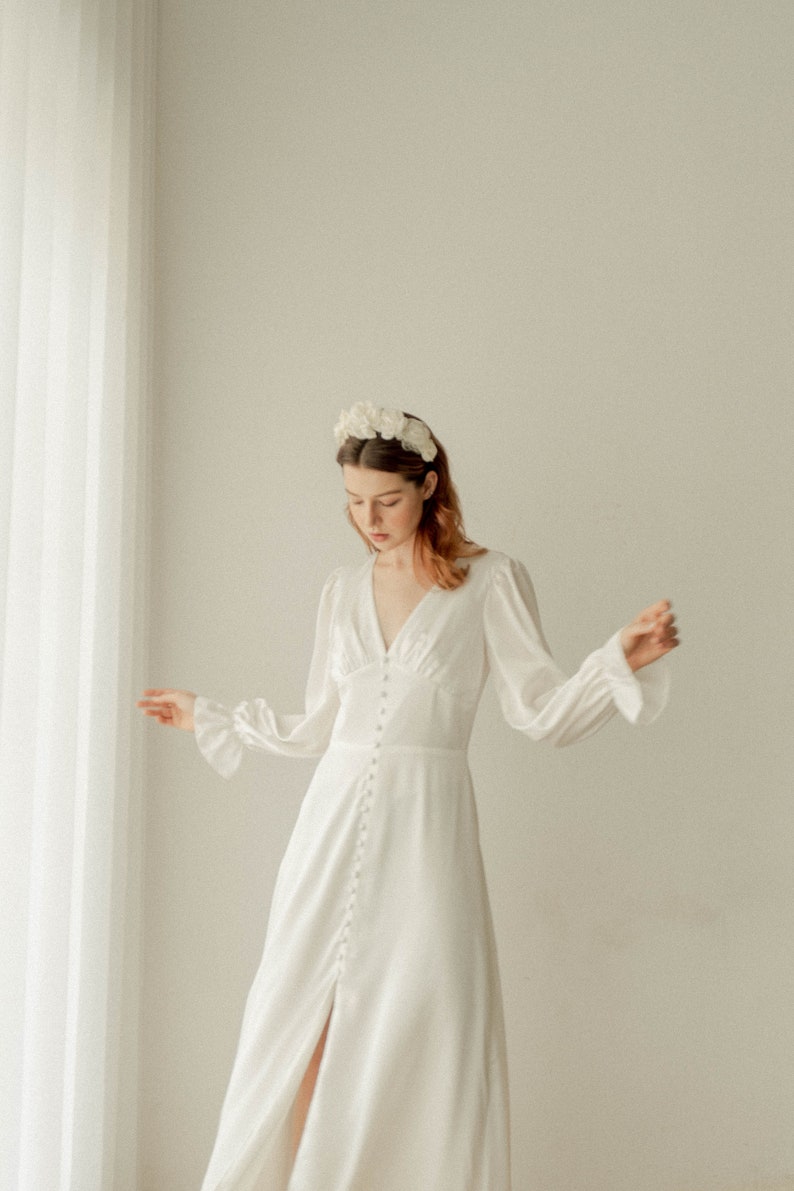 Caroline Cream White Long Sleeves Dress / Floor length Satin Dress / Button detail Simple Wedding Dress image 5