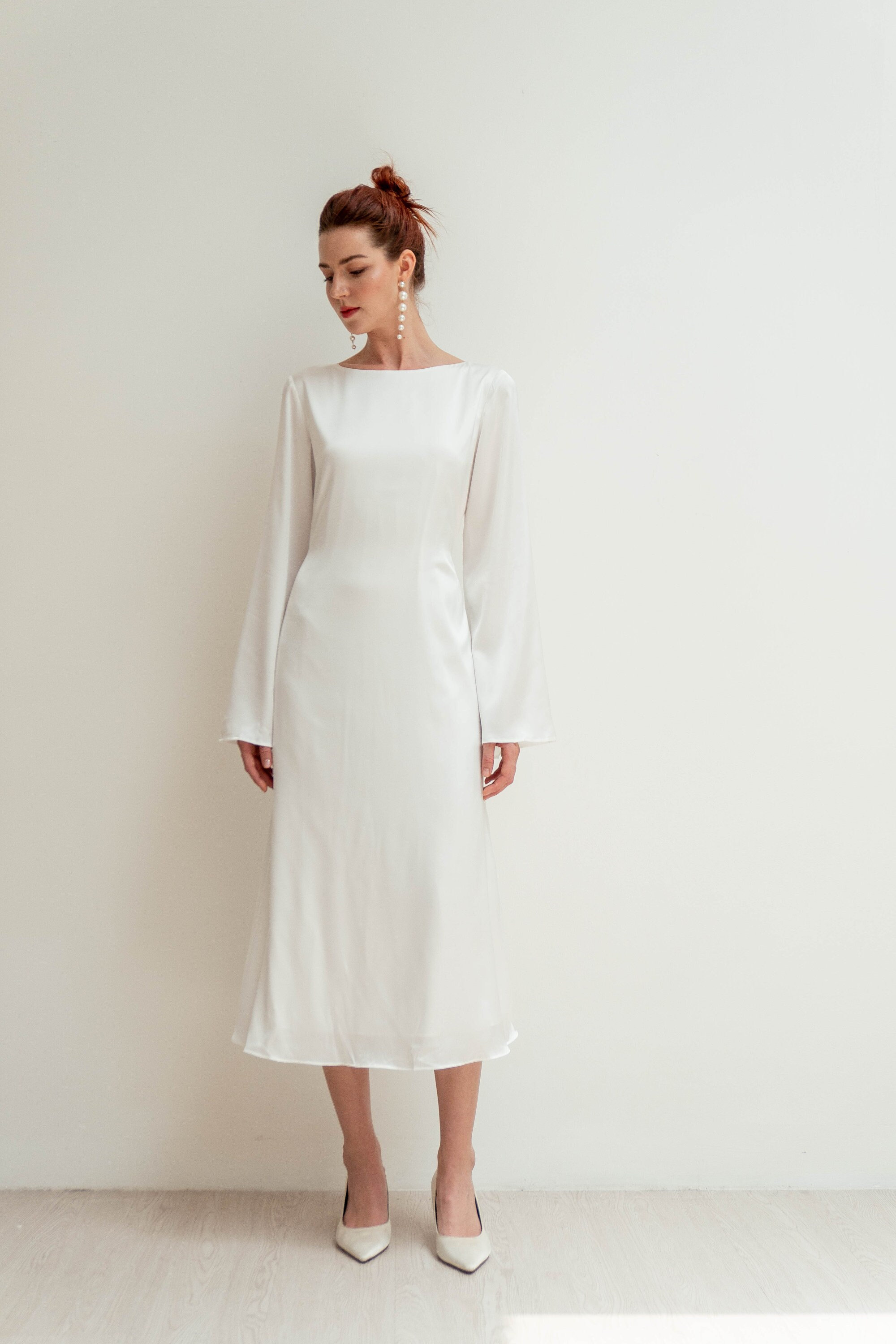 Carmen Tea Length Dress Midi Long Sleeves Dress Minimalist