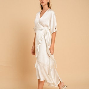 Julia Satin Wrap Dress / Satin Ruffle Wrap Dress / White Tea Length Wrap Dress image 2