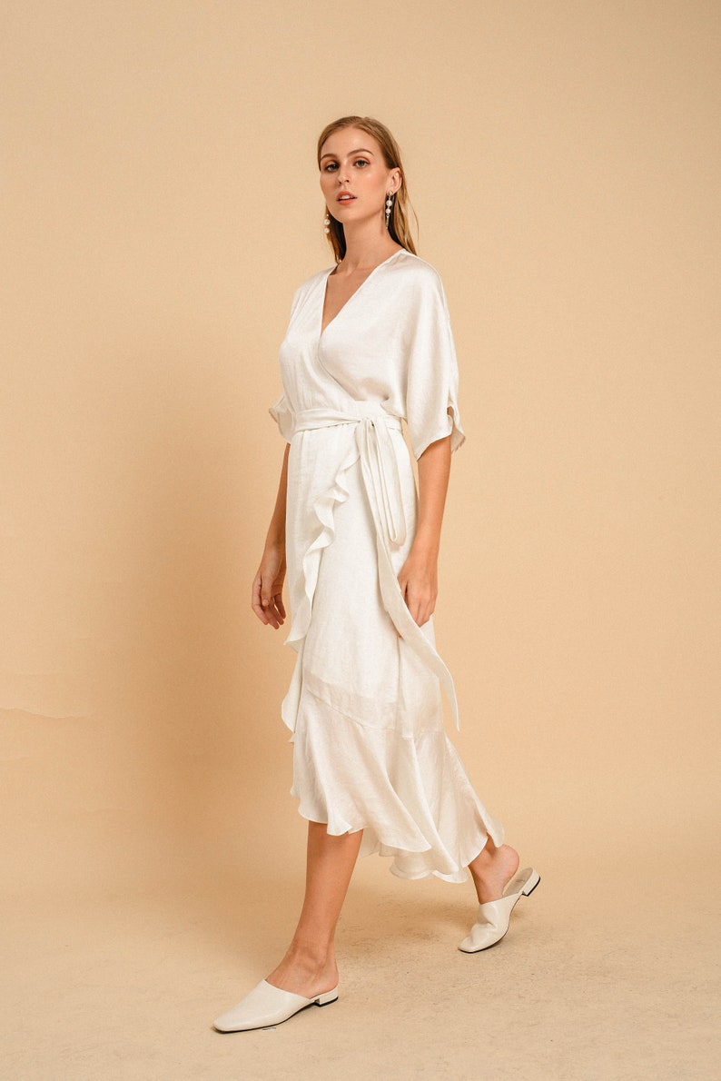 Julia Satin Wrap Dress / Satin Ruffle Wrap Dress / White Tea Length Wrap Dress image 2