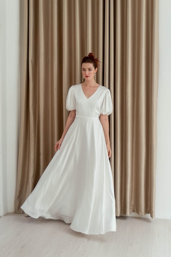 Antonella Satin Wedding Dress: Puff Sleeves, V-neck, Floor Length - Etsy