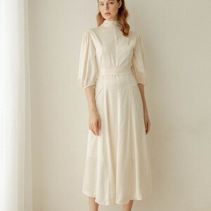 Rowan Satin Dress / Puff Sleeves Tea Length Dress / 2 Ways Wearable ...