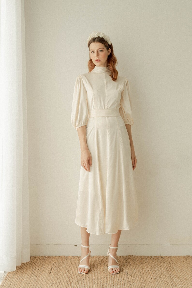 Rowan Satin Dress / Puff Sleeves Tea Length Dress / 2 Ways Etsy