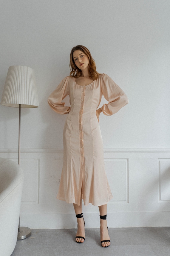 Esme Pearl Pink Satin Midi Dress: Puff Sleeves, Buttoned Tea Length Esme Pearl Pink Satin Midi Dress: Puff Sleeves, Buttoned Tea Length