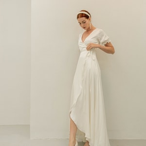 Charlene Cream White Floor Length Wrap Dress / Short Sleeves Satin Wrap Dress / High-low Wedding Gown