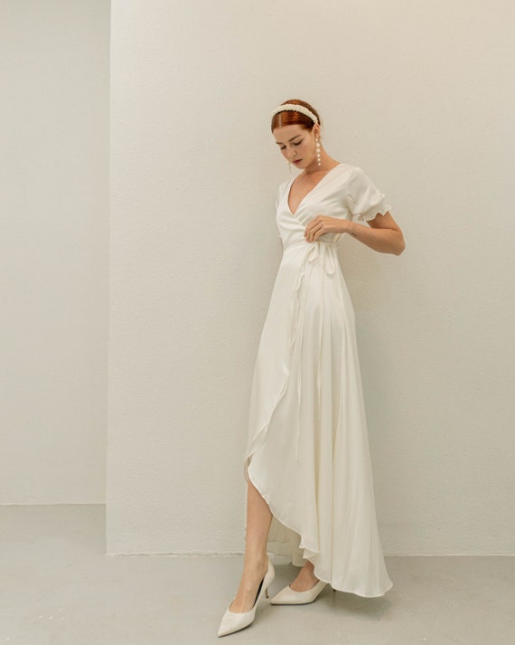 Charlene Cream White Floor Length Wrap Dress Short Sleeves Satin