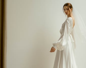 Cameron Floor Length Dress With Train / Long Sleeves Satin Wrap Dress / Minimalist Wedding Dress