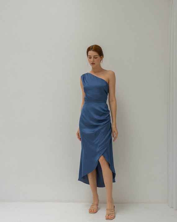 Celeste Slate Blue Satin Midi Dress ...