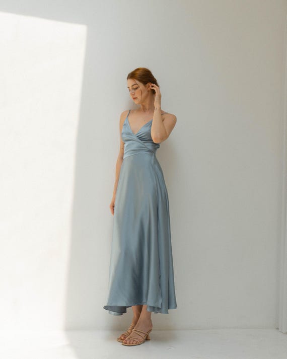 Jaelyn Satin Wrap Dress: Ankle Length Slip with Spaghetti Straps