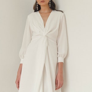 Lea Twisted Midi Dress / Tea Length White Dress / Long Sleeves Silk ...