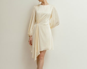 Ann Mini Satin Dress - Short Wedding Dress with Long Sleeves