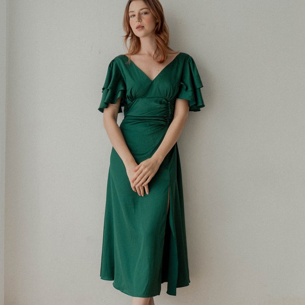 Caitlyn Emerald Green Satin Midi Dress / Flutter Sleeves Tea Length Dress / Ruched and Slit detail