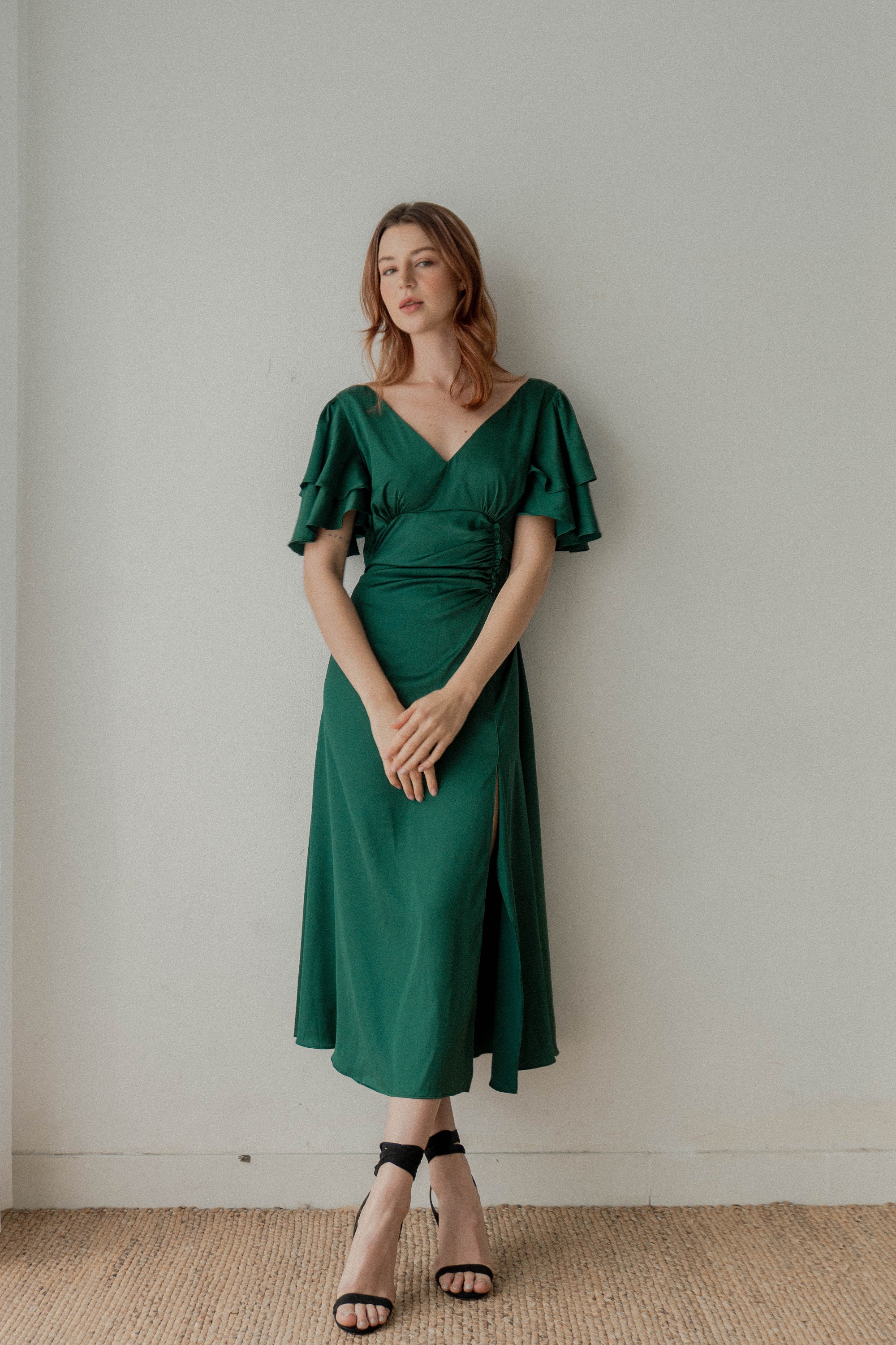 Caitlyn Emerald Green Satin Midi Dress ...