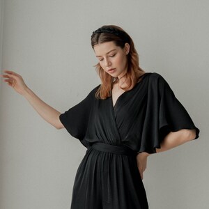 Ziggy Black Long Jumpsuit / Long Wide-legs Jumpsuit / Flutter Sleeves Silk Jumpsuit image 4