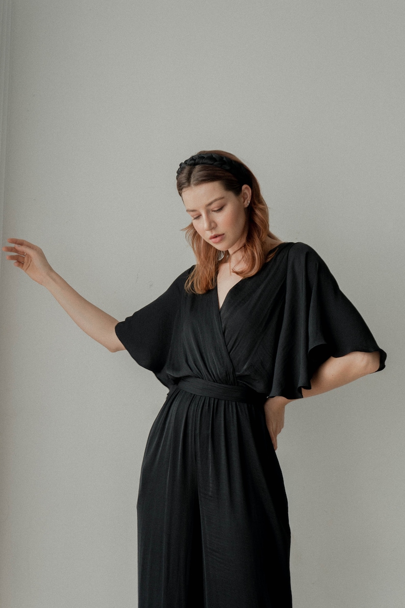 Ziggy Black Long Jumpsuit / Long Wide-legs Jumpsuit / Flutter Sleeves Silk Jumpsuit image 4