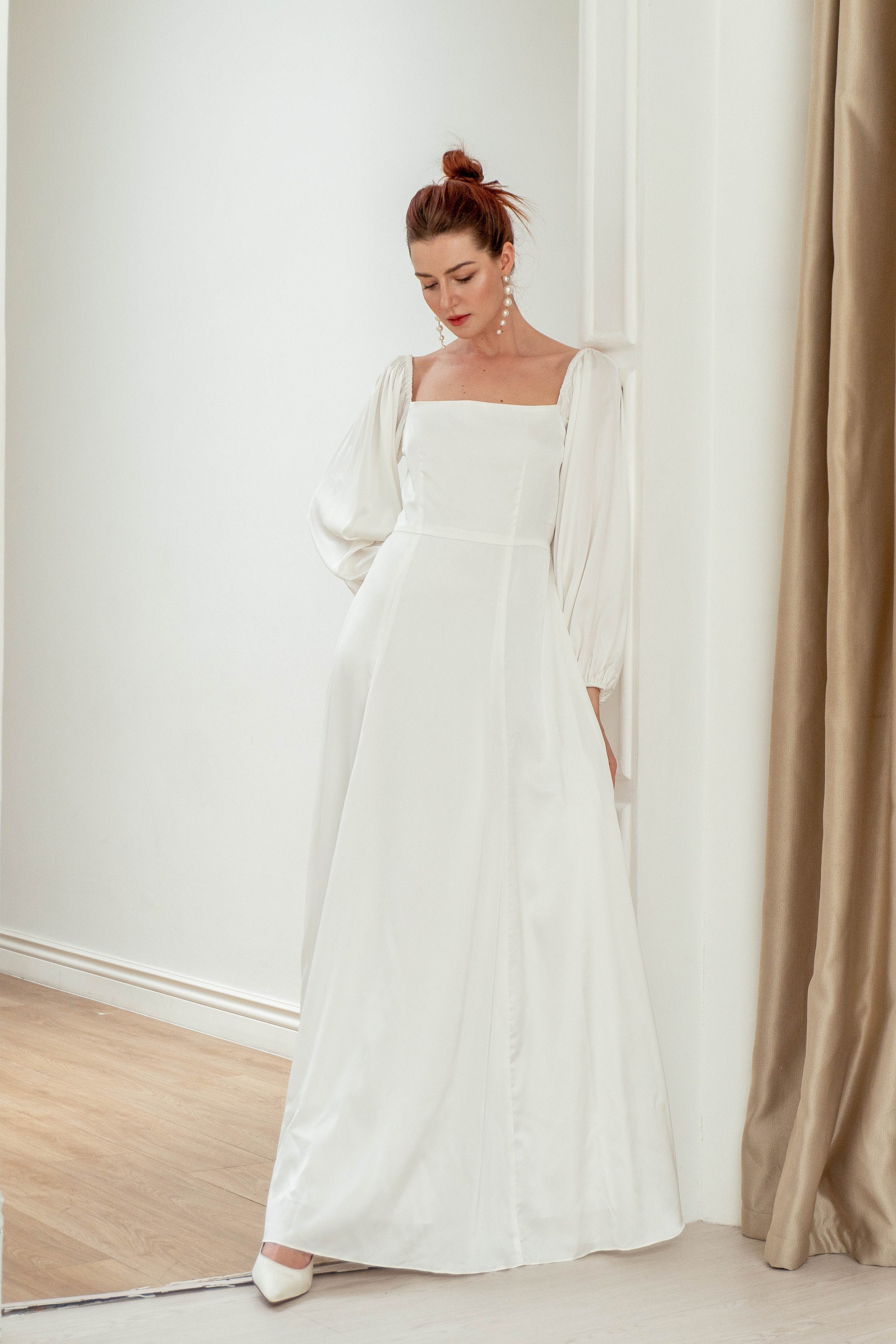 Stella Satin Wedding Dress, Square Neck Puff Sleeves, Floor Length