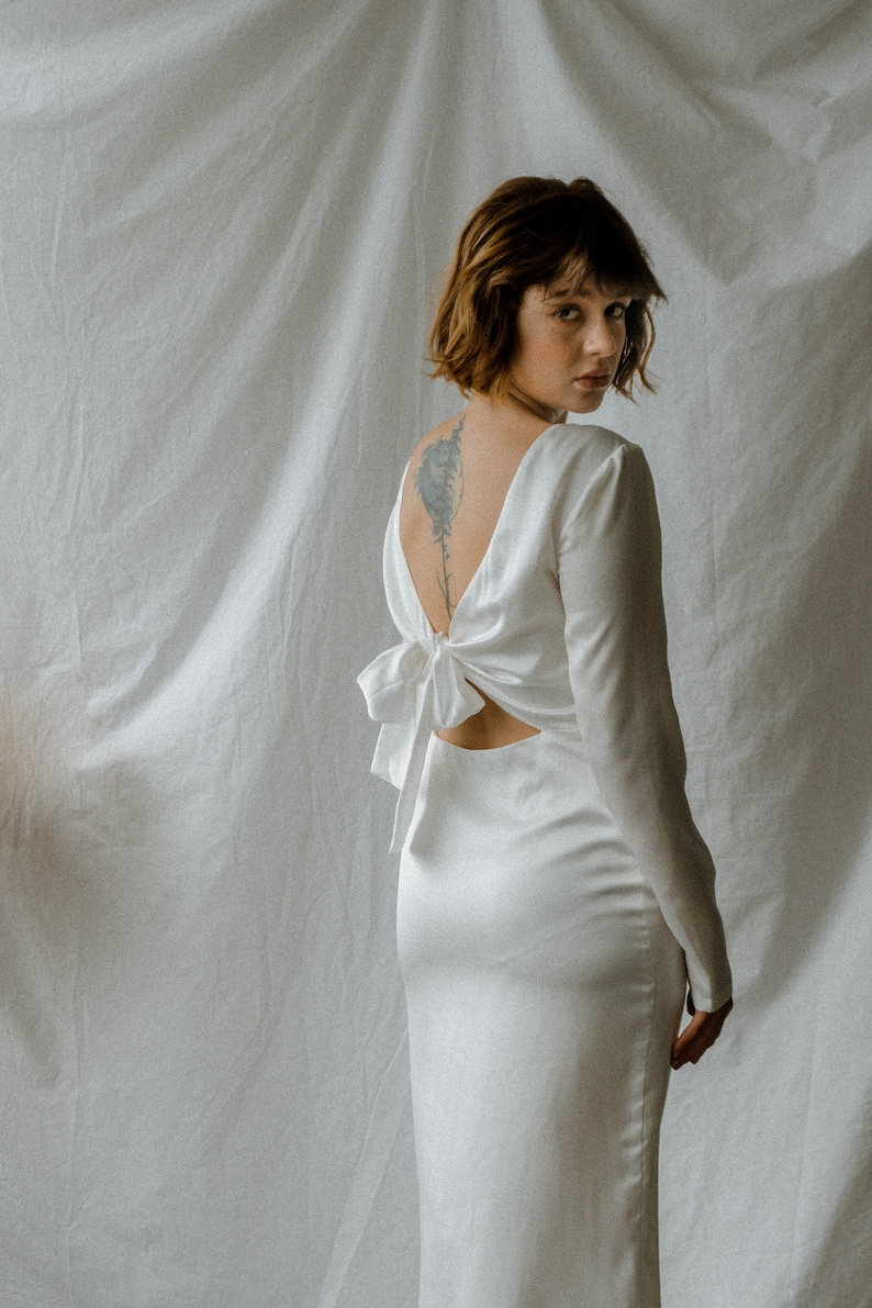 Mina Tea Length Silk Satin Dress Long Sleeves Simple Silk Satin Dress Open Back Satin Midi Pencil Dress