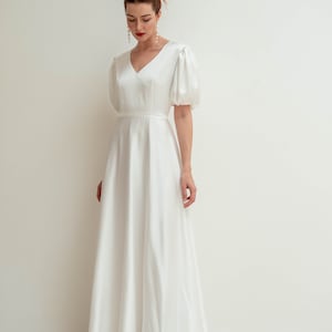 Antonella Floor Length Dress / Puff Sleeves V-neck Dress / Simple Satin ...
