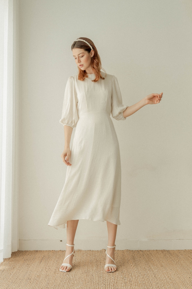 Simone Tea Length Dress / Midi Satin Dress / Puff Sleeves Etsy Australia