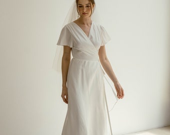 April Floor length Wrap Dress/Simple Wedding dress/White satin wrap dress