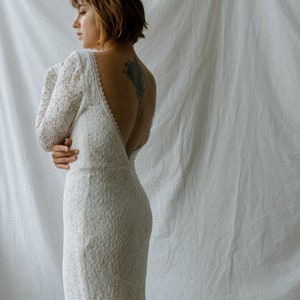 Vanessa Mermaid Lace Wedding Gown / Open Back Floor Length Lace Dress / Long Sleeves Lace Bridal Dress with Train