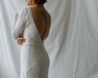 Vanessa Mermaid Lace Wedding Gown / Open Back Floor Length Lace Dress / Long Sleeves Lace Bridal Dress with Train