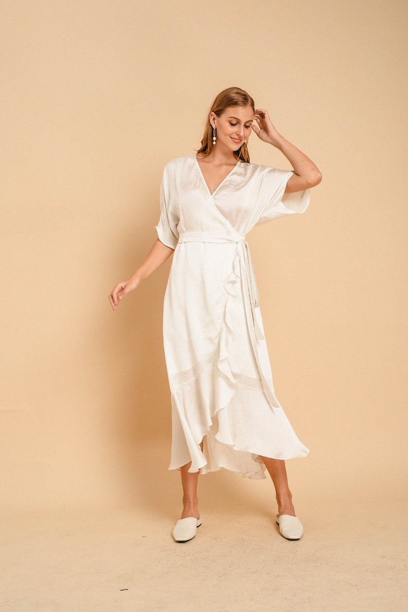 Julia Satin Wrap Dress / Satin Ruffle Wrap Dress / White Tea Length Wrap Dress Ivory