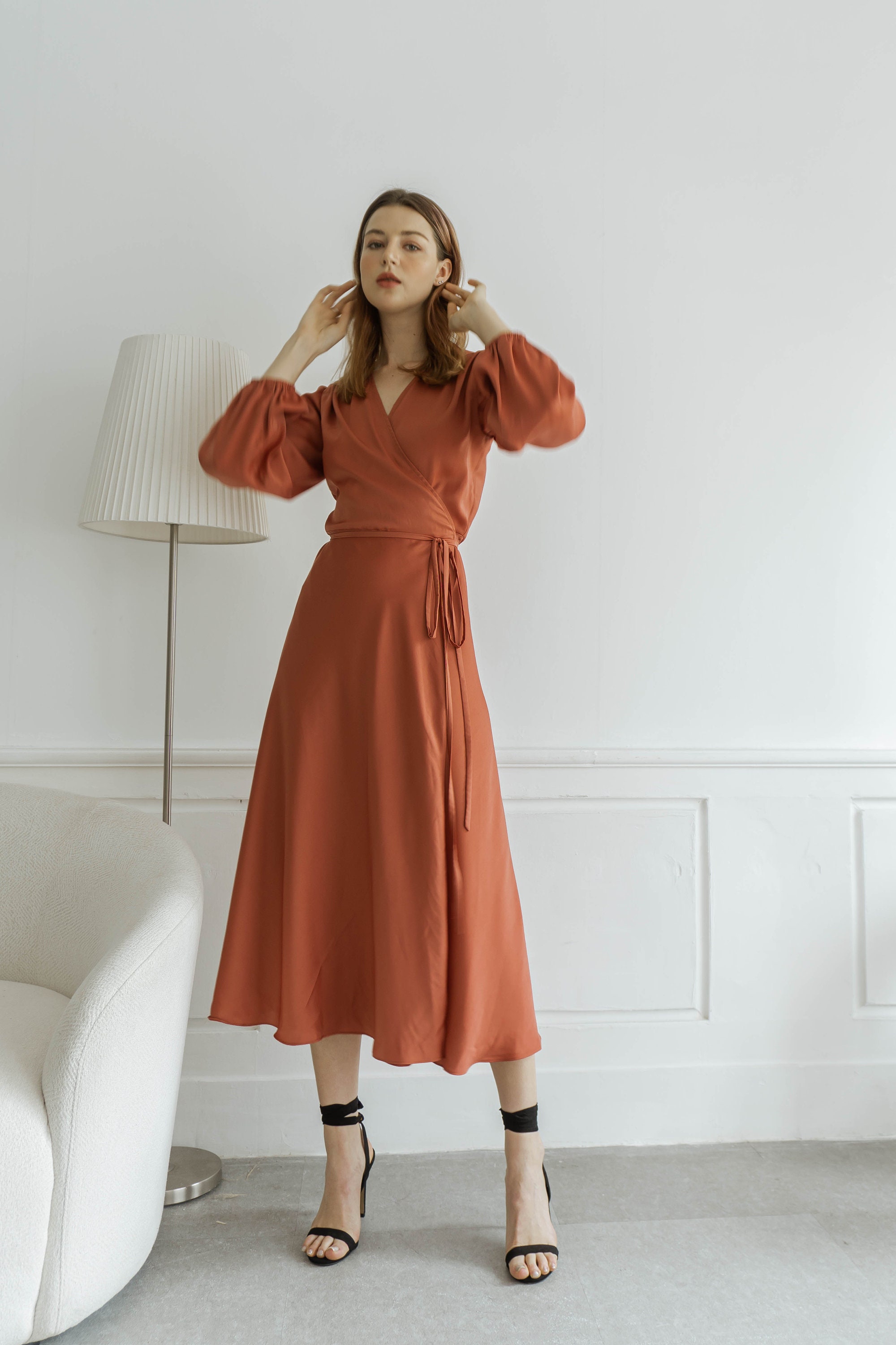Mavis Terracotta Satin Wrap Dress - Long Puff Sleeves, Tea Length Mavis Terracotta Satin Wrap Dress - Long Puff Sleeves, Tea Length