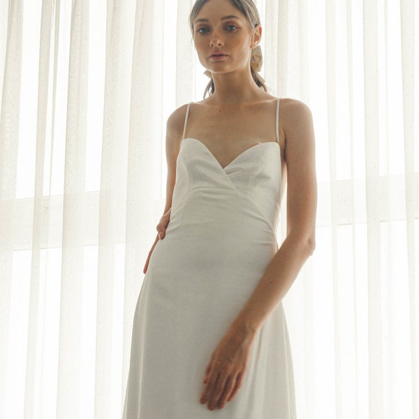 Vera Cream White Wedding Halter Slip Dress / Bridal Satin Slip Dress / Open Back Floor length Gown