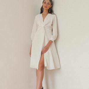 Lea Twisted Midi Dress / Tea Length White Dress / Long Sleeves - Etsy