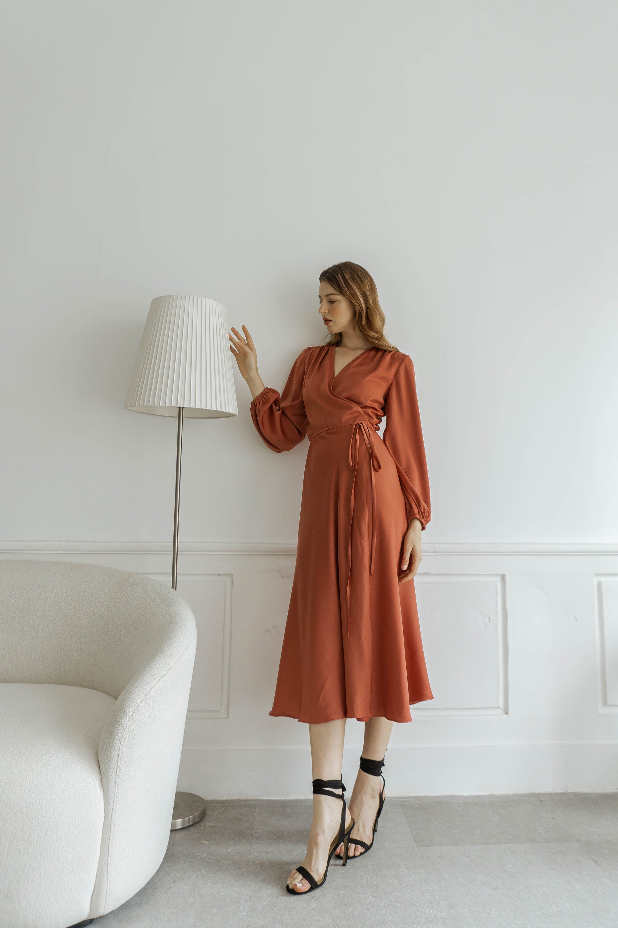 Mavis Terracotta Wrap Dress / Long Sleeves Satin Wrap Dress / - Etsy Norway