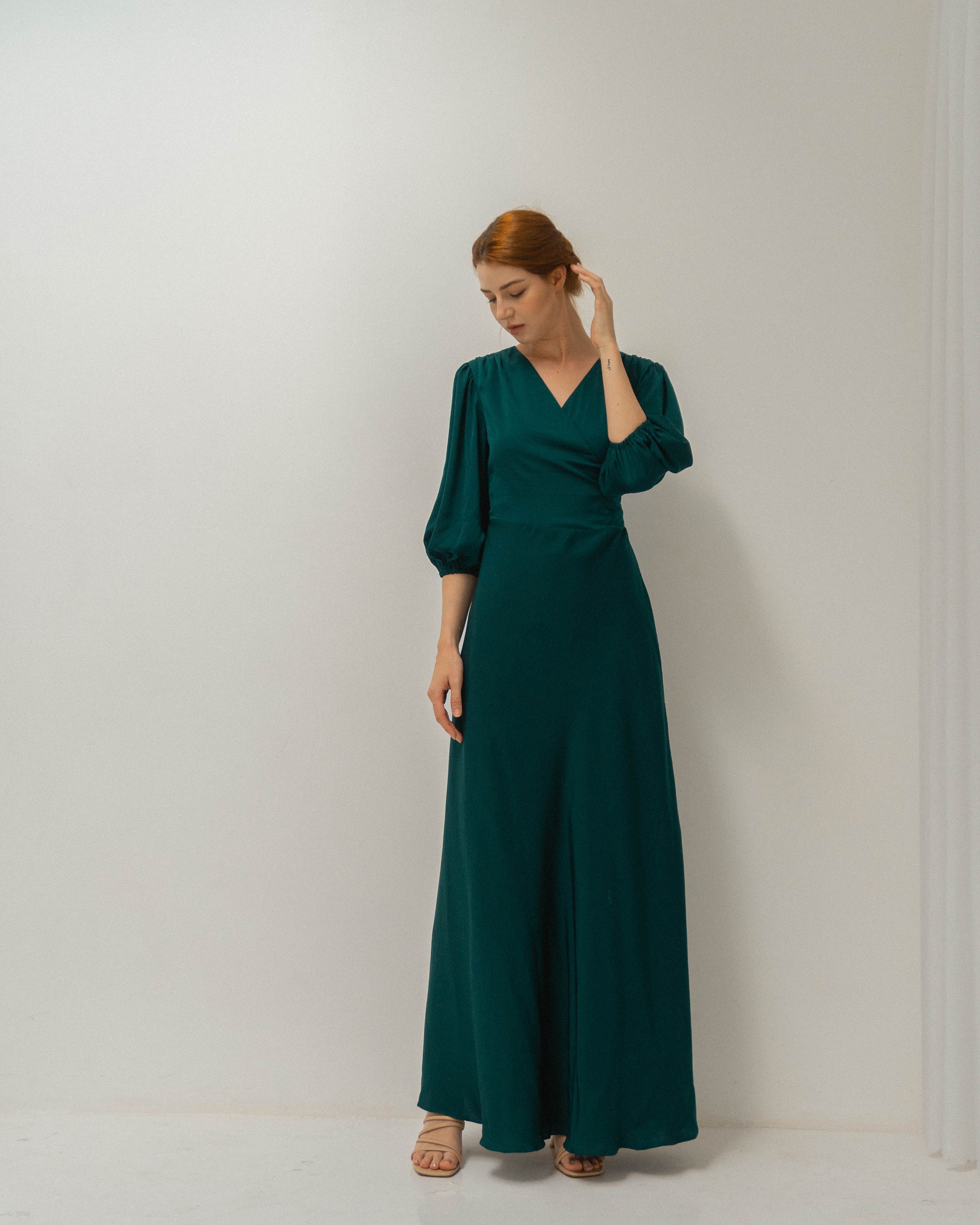 Green Wrap Dress Dark Green Dress Midi Layla Emerald Green Satin Maxi Dress  With Long Sleeves