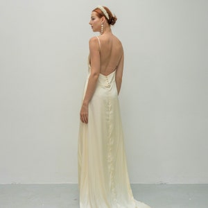 Fabienne Floor Length V neck Slip Dress / Open Back Satin Slip Gown With Train / Back Button With High Slit Details Dress