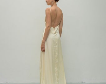 Fabienne Floor Length V neck Slip Dress / Open Back Satin Slip Gown With Train / Back Button With High Slit Details Dress