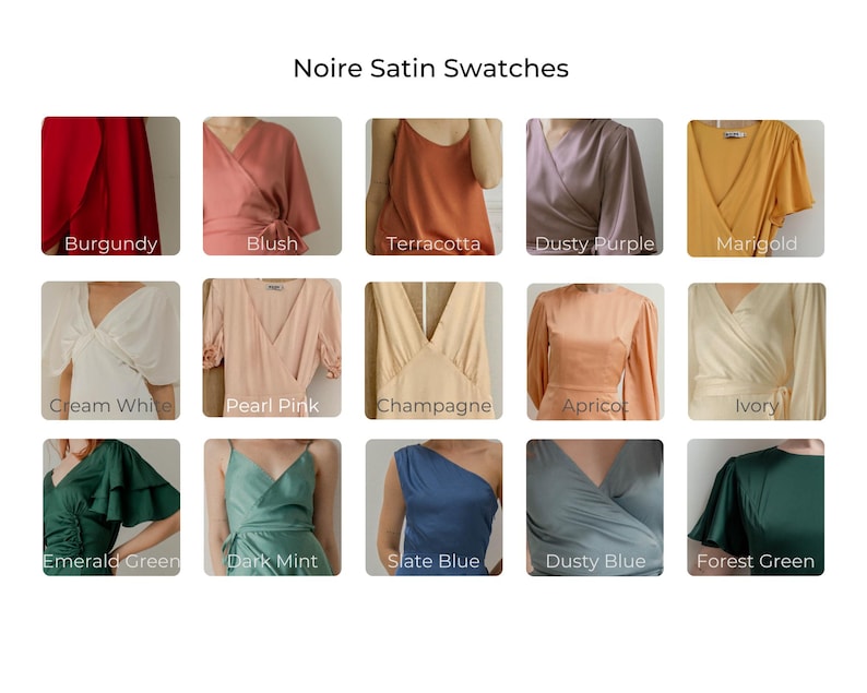 May include: A collection of 15 fabric swatches in various colors, including burgundy, blush, terracotta, dusty purple, marigold, cream white, pearl pink, champagne, apricot, ivory, emerald green, dark mint, slate blue, dusty blue, and forest green. The swatches are arranged in a grid of five rows and three columns. Each swatch is labeled with its color name.
