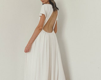 Gisela Open Back Dress / Backless White Dress / Tea Length Silk Dress