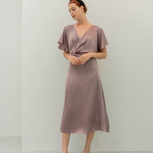 Priscilla Dusty Purple Tea length Dress - Kimono Sleeves Midi Satin Dress