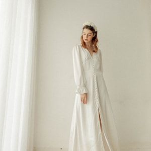 Caroline Cream White Long Sleeves Dress / Floor length Satin Dress / Button detail Simple Wedding Dress image 8