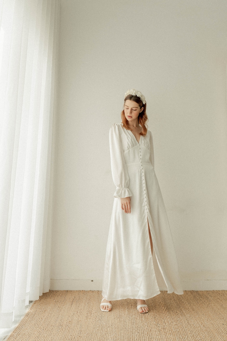 Caroline Cream White Long Sleeves Dress / Floor length Satin Dress / Button detail Simple Wedding Dress image 8