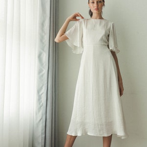 Adele Tea Length Dress / Midi Satin Dress / Flutter Sleeves Dress image 2