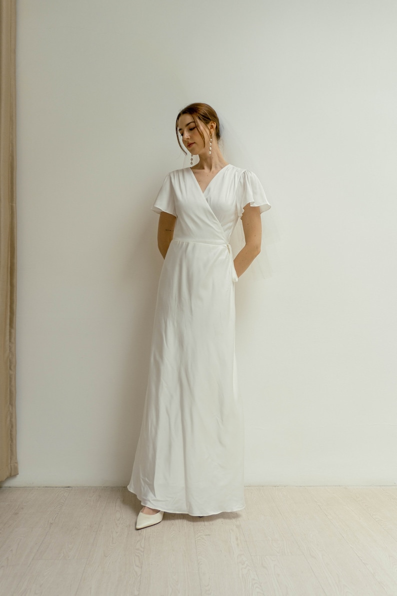 April Floor length Wrap Dress/Simple Wedding dress/White satin wrap dress image 7