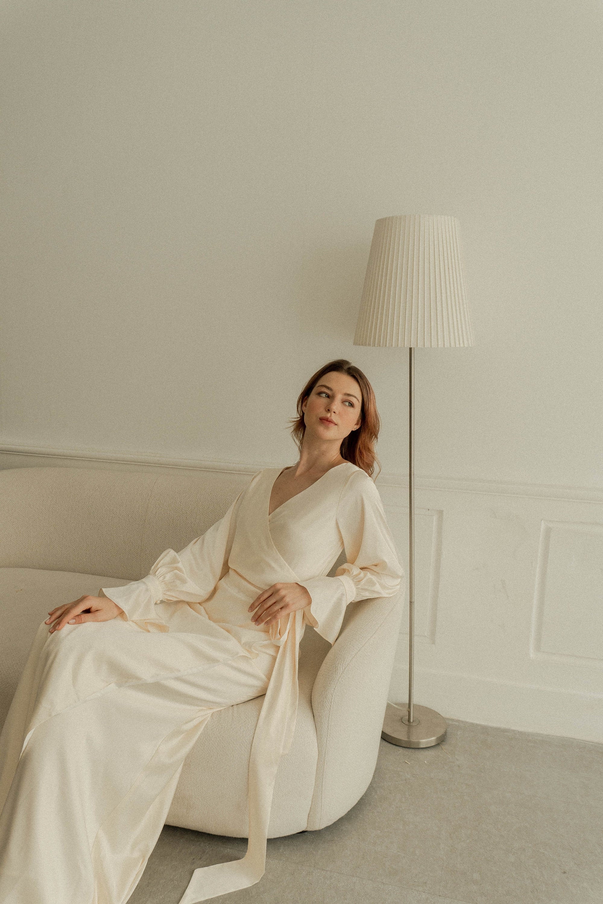 Dakota Satin Wrap Dress: Long Sleeve Floor Length Wedding Gown